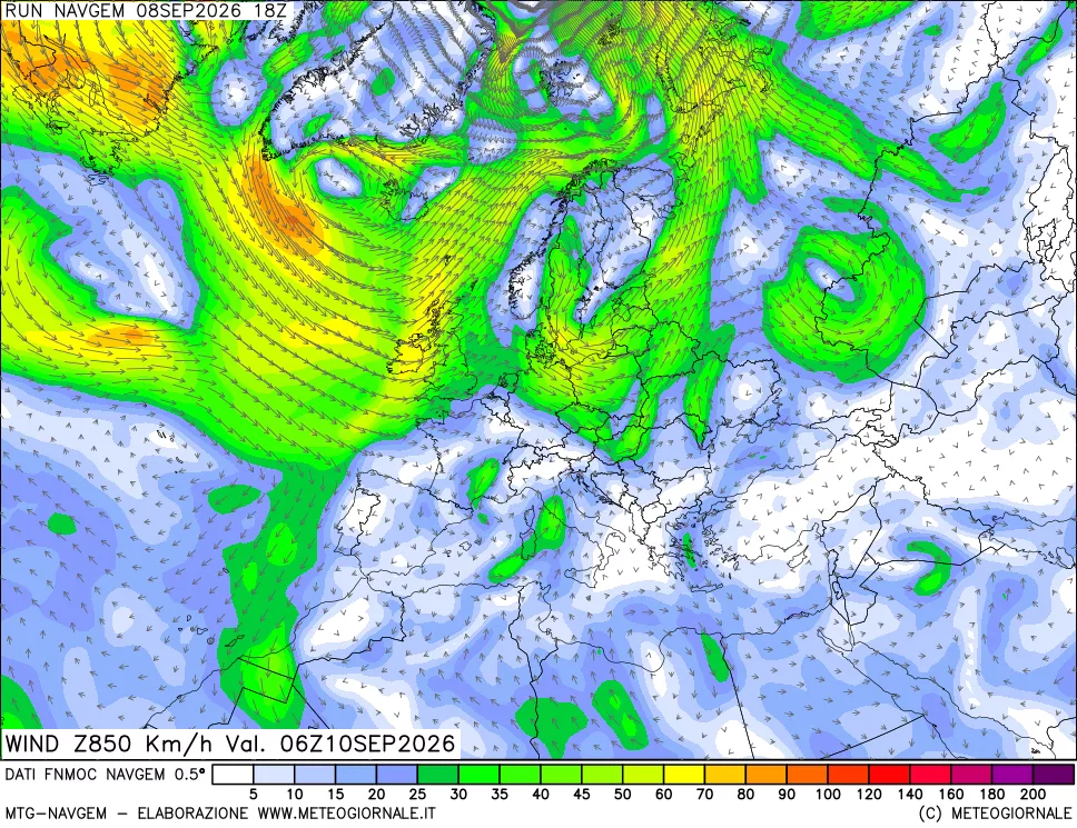 mappa Direzione e forza del vento a 850hPa
