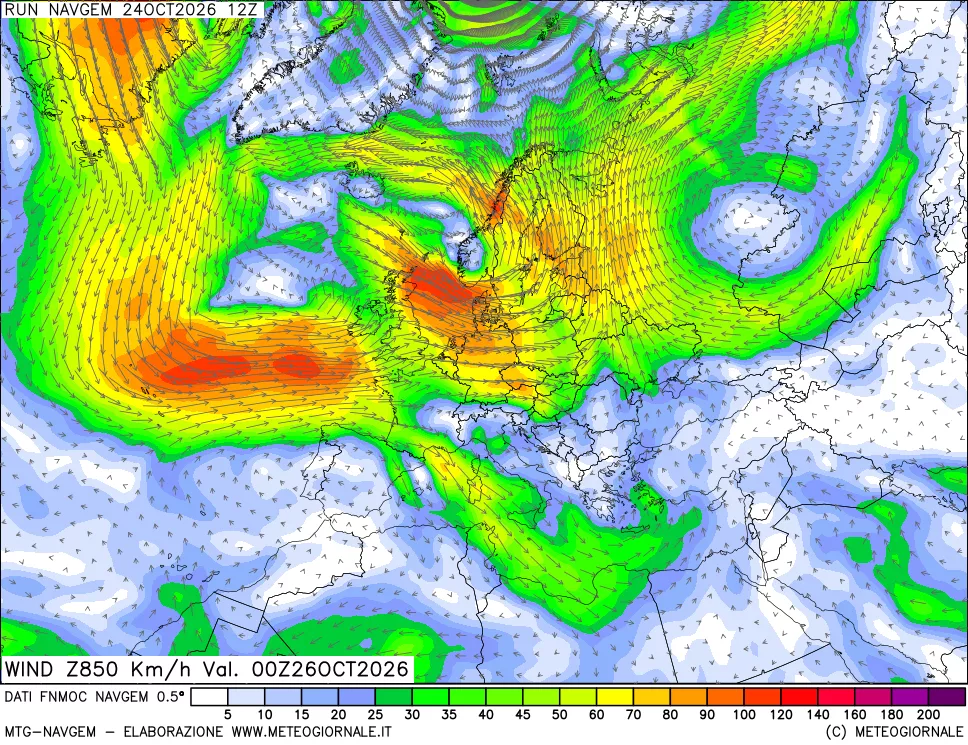 mappa Direzione e forza del vento a 850hPa