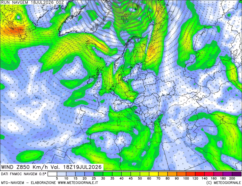 mappa Direzione e forza del vento a 850hPa
