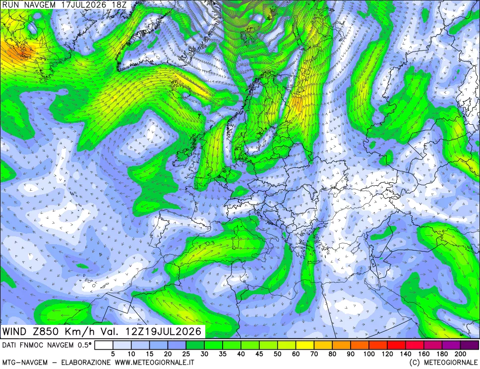 mappa Direzione e forza del vento a 850hPa