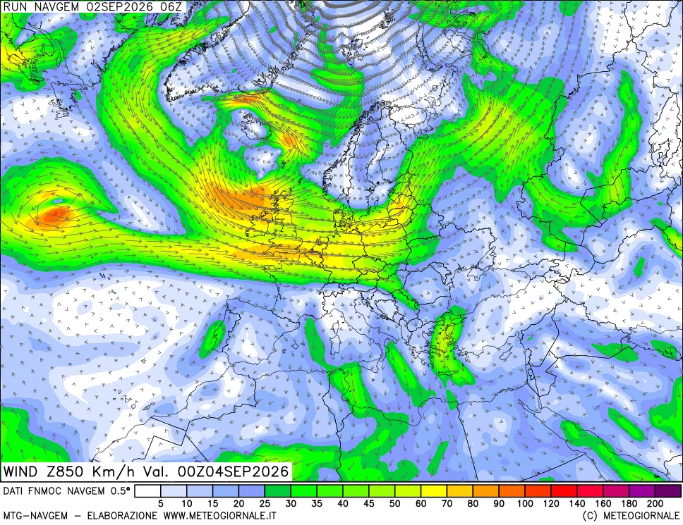 mappa Direzione e forza del vento a 850hPa