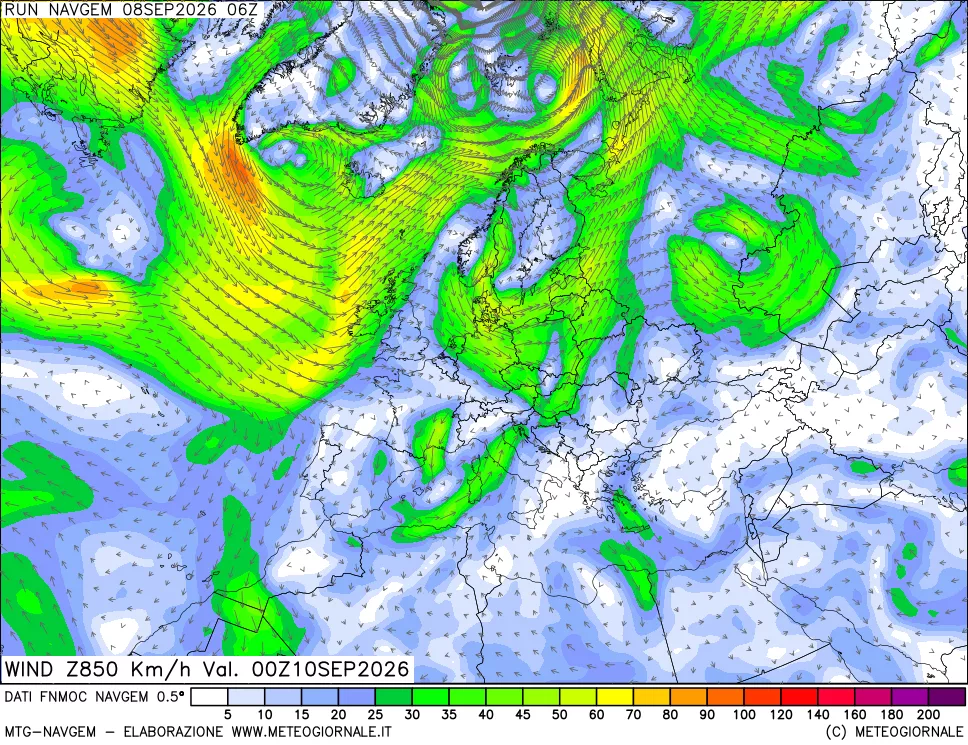 mappa Direzione e forza del vento a 850hPa