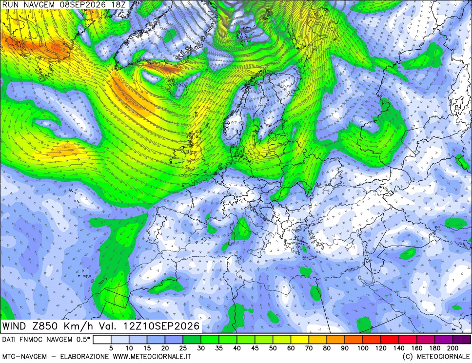 mappa Direzione e forza del vento a 850hPa