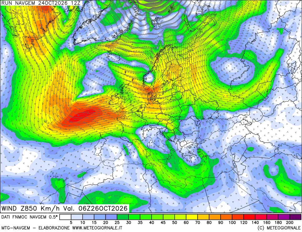 mappa Direzione e forza del vento a 850hPa