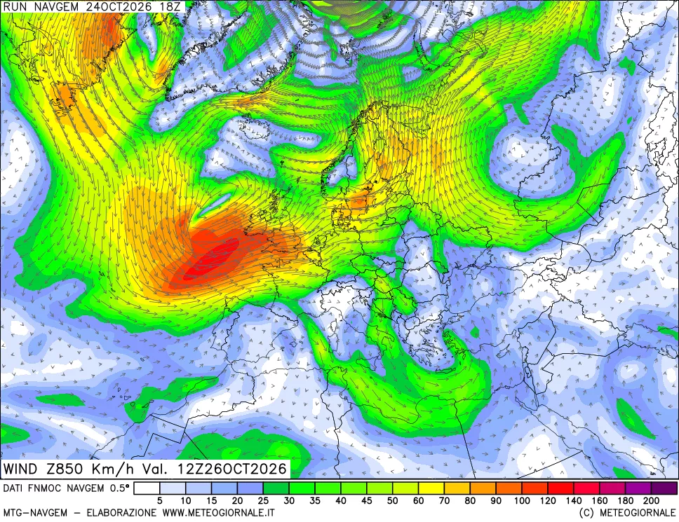 mappa Direzione e forza del vento a 850hPa