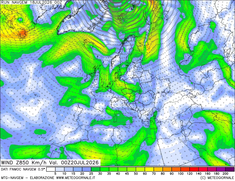mappa Direzione e forza del vento a 850hPa