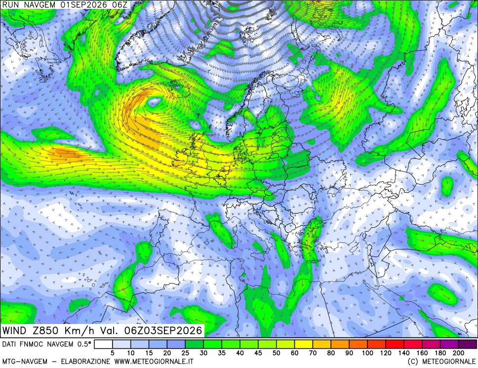 mappa Direzione e forza del vento a 850hPa