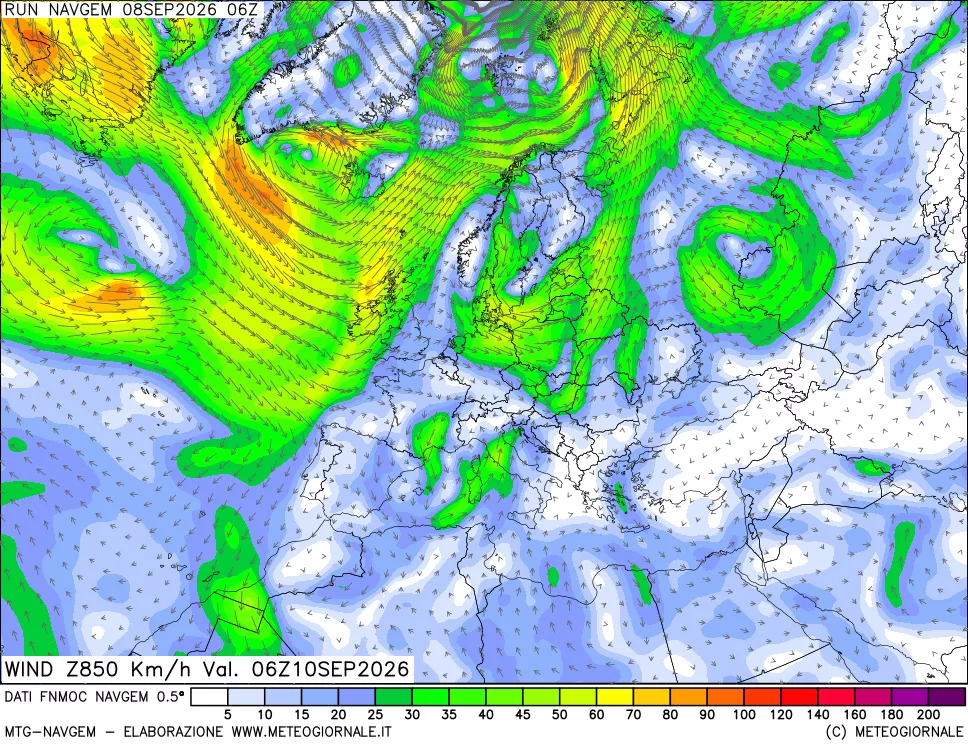 mappa Direzione e forza del vento a 850hPa