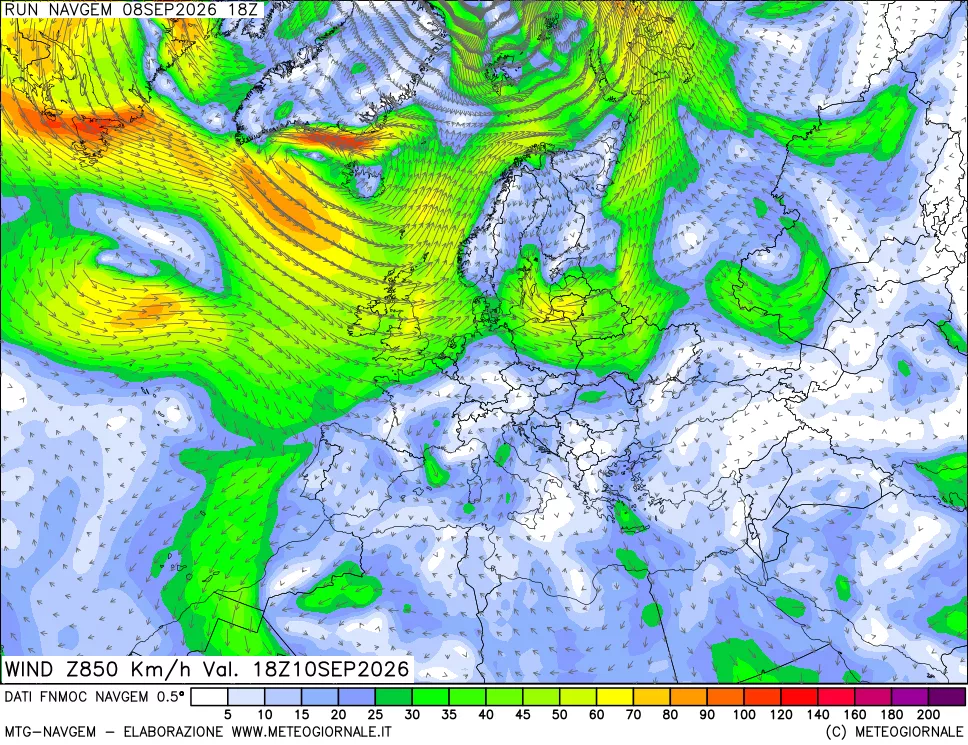 mappa Direzione e forza del vento a 850hPa