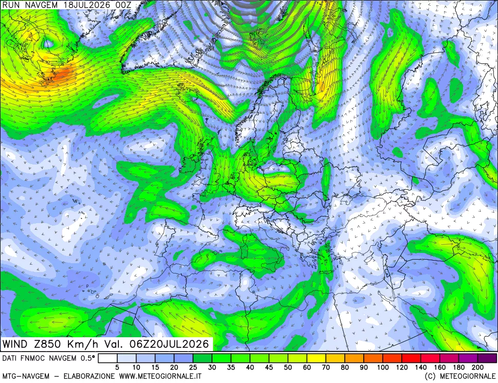 mappa Direzione e forza del vento a 850hPa