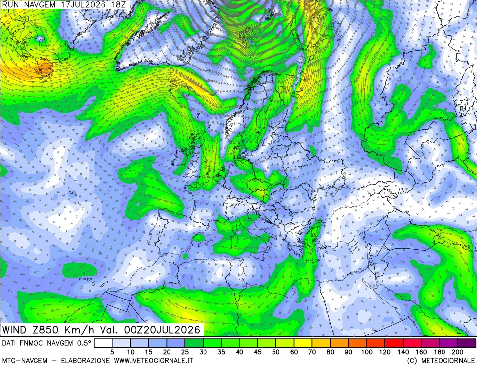 mappa Direzione e forza del vento a 850hPa
