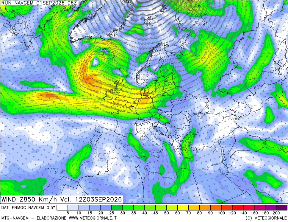 mappa Direzione e forza del vento a 850hPa