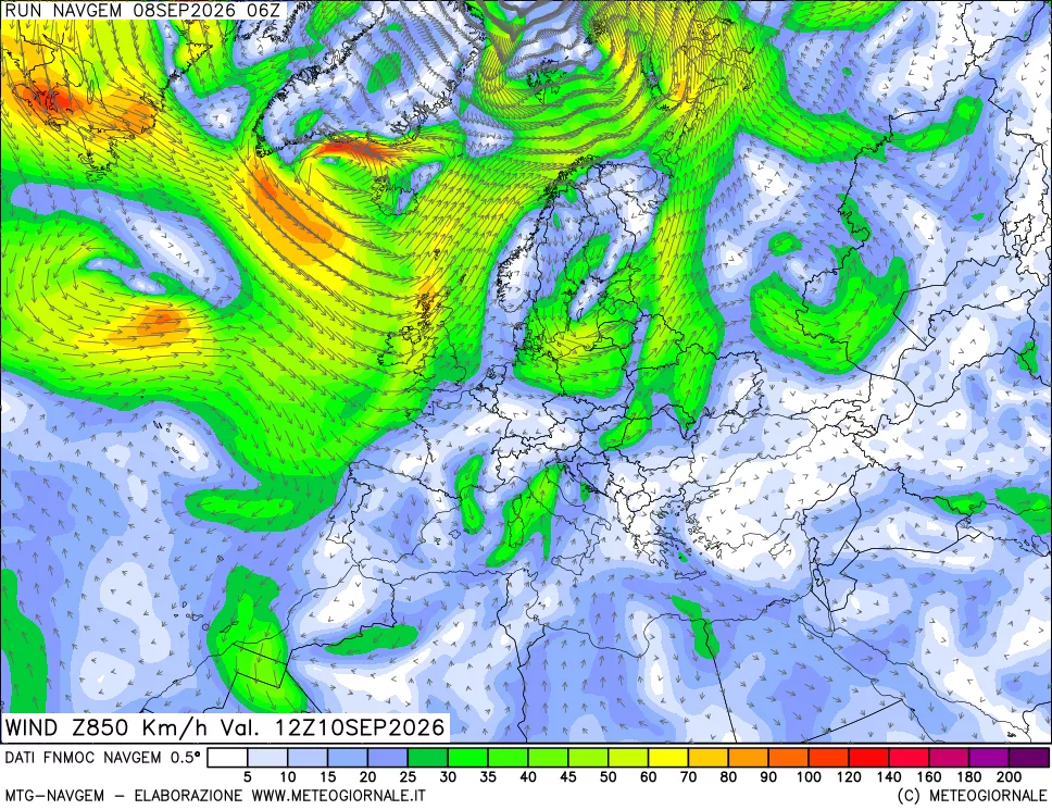 mappa Direzione e forza del vento a 850hPa