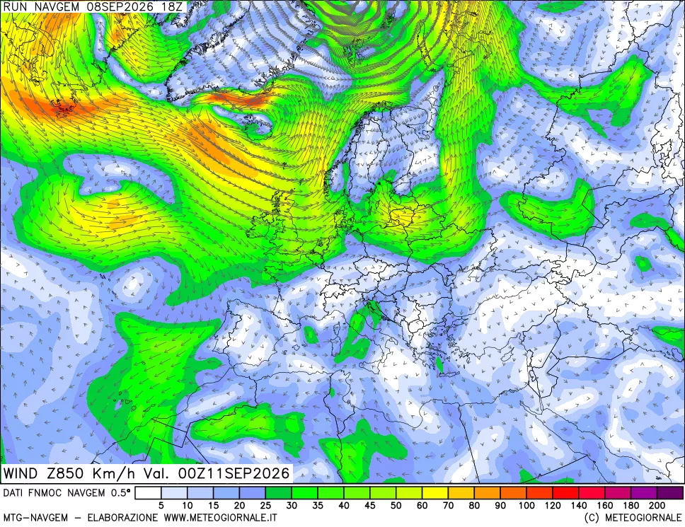 mappa Direzione e forza del vento a 850hPa