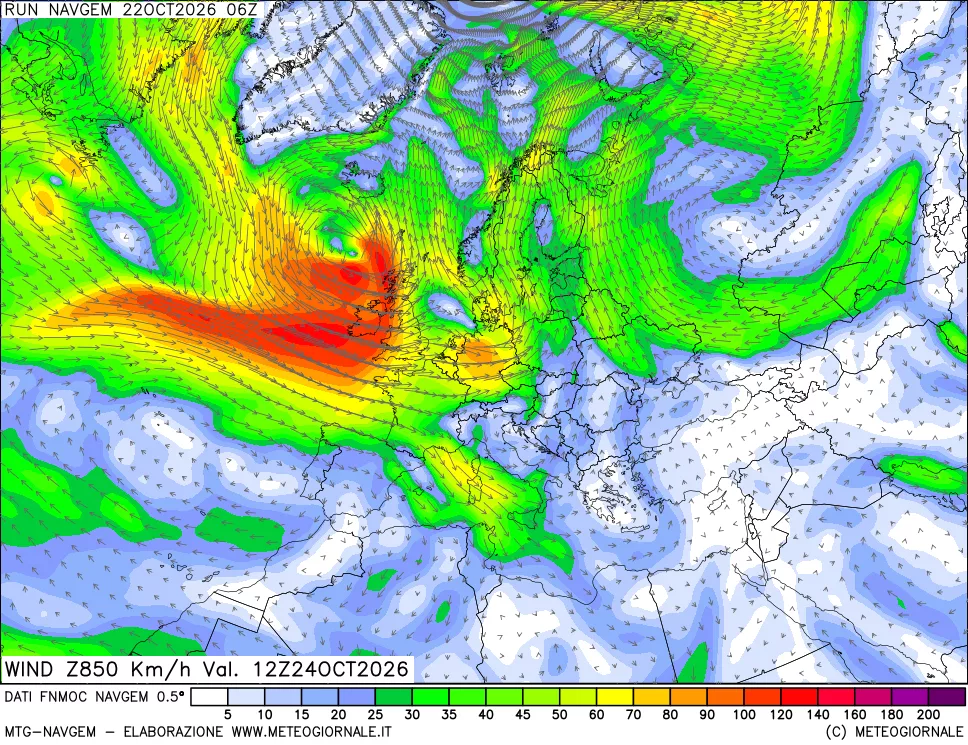 mappa Direzione e forza del vento a 850hPa
