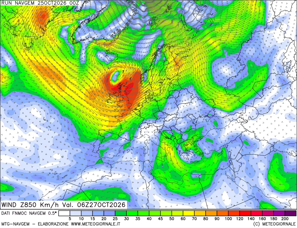 mappa Direzione e forza del vento a 850hPa