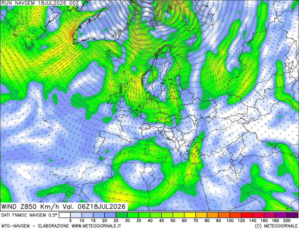 mappa Direzione e forza del vento a 850hPa