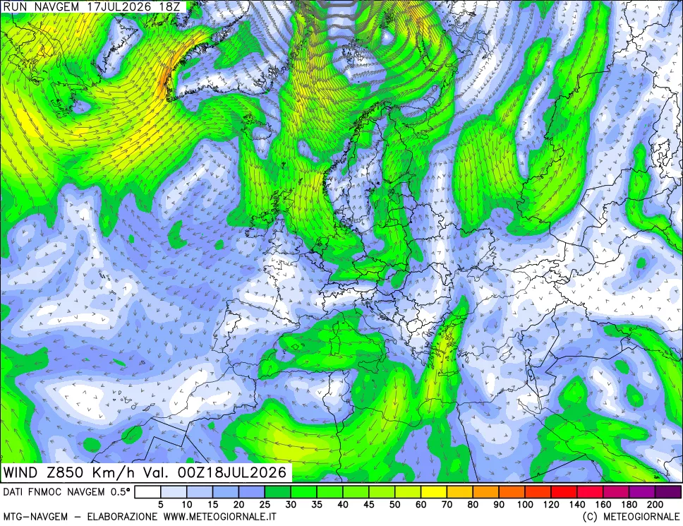 mappa Direzione e forza del vento a 850hPa