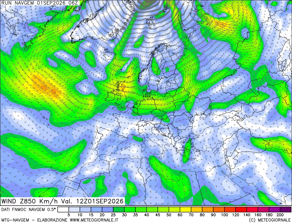 mappa Direzione e forza del vento a 850hPa