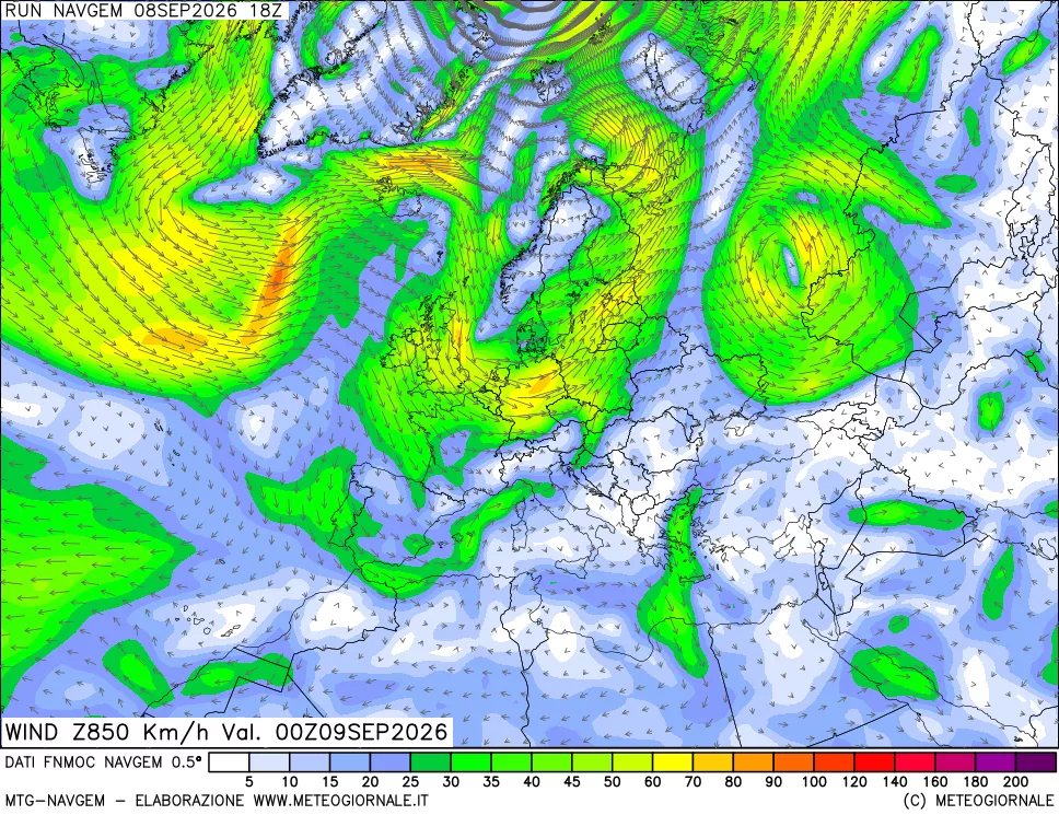 mappa Direzione e forza del vento a 850hPa