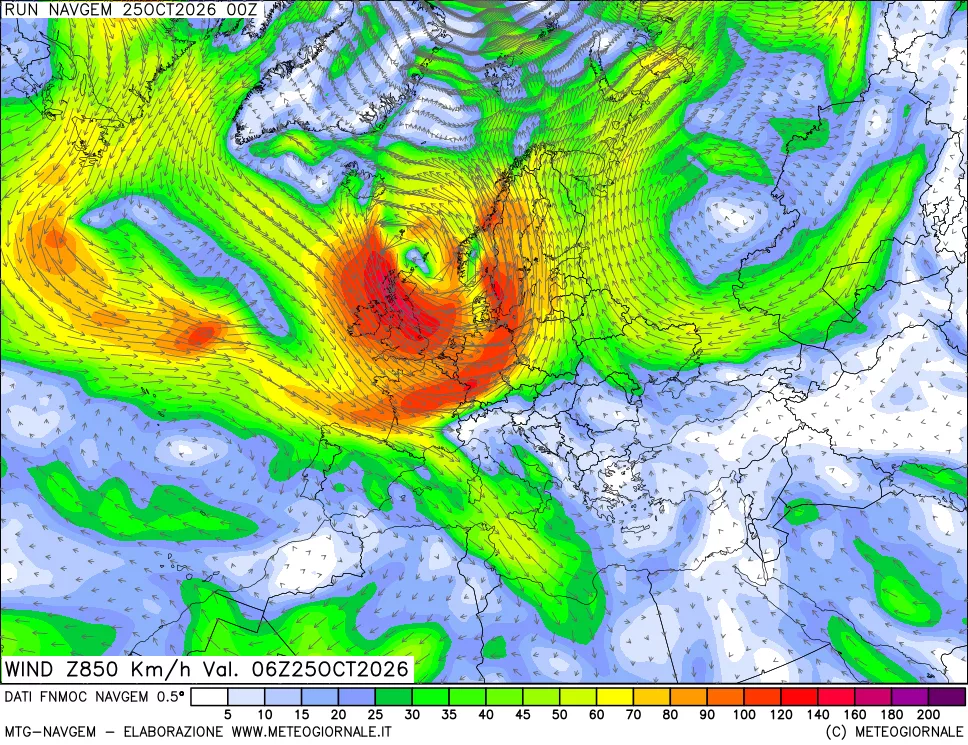 mappa Direzione e forza del vento a 850hPa