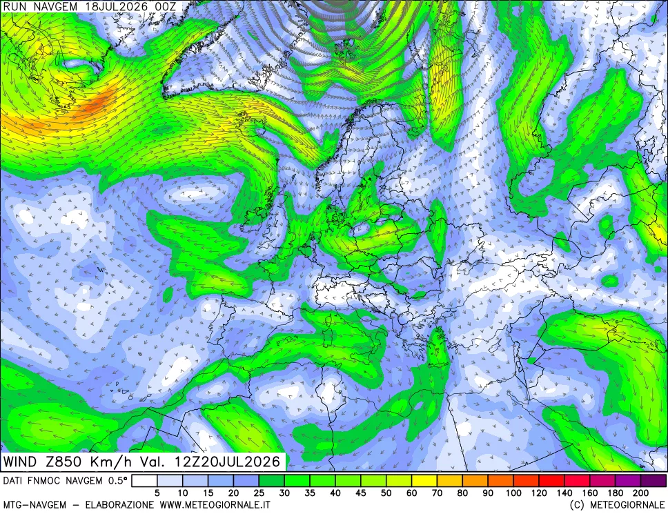 mappa Direzione e forza del vento a 850hPa