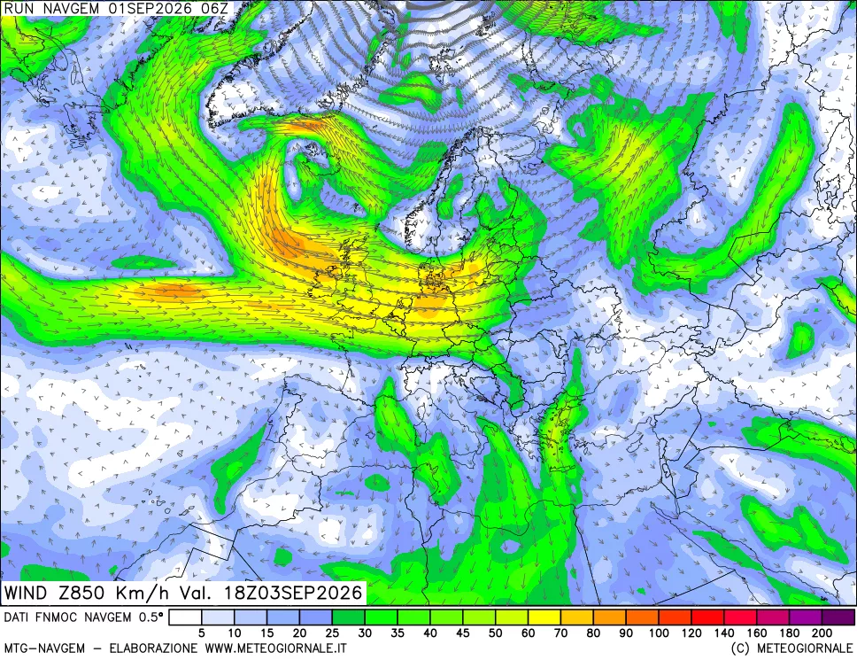 mappa Direzione e forza del vento a 850hPa