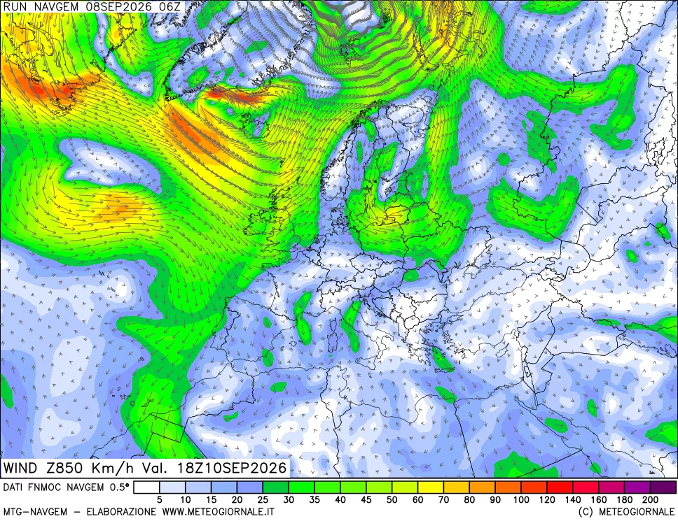 mappa Direzione e forza del vento a 850hPa
