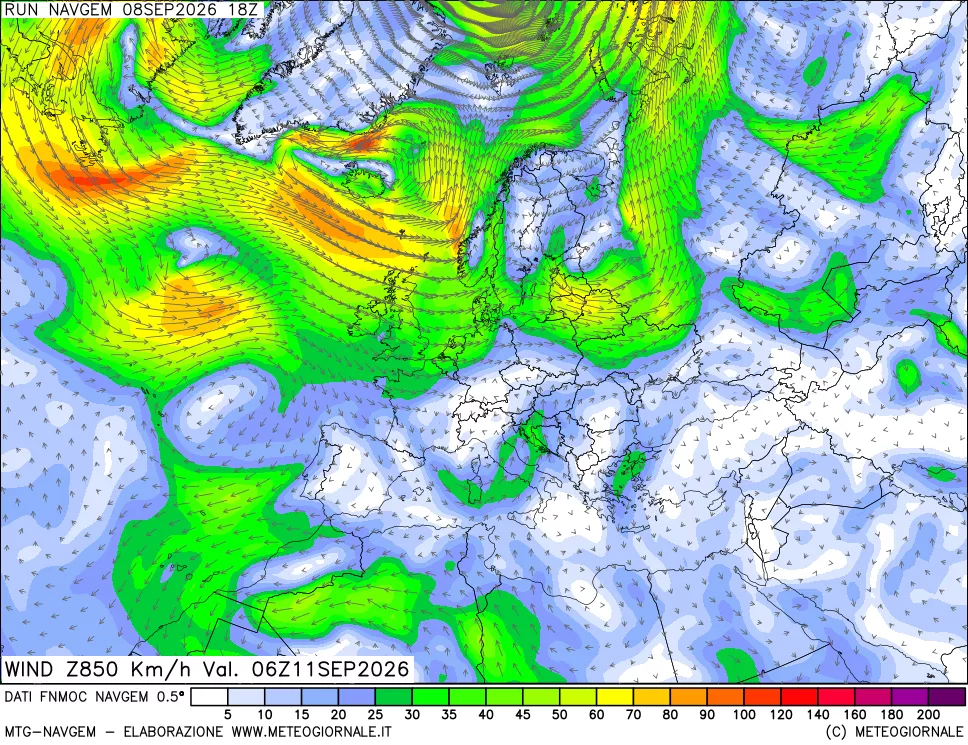 mappa Direzione e forza del vento a 850hPa