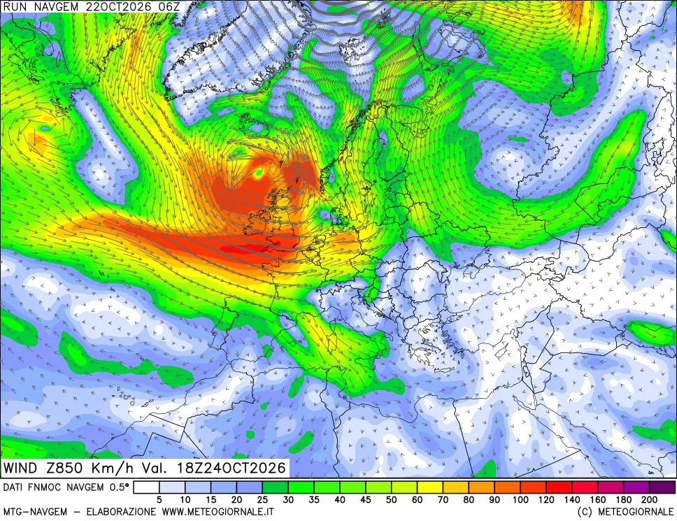 mappa Direzione e forza del vento a 850hPa