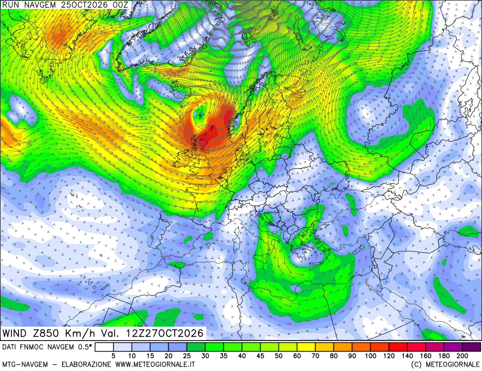 mappa Direzione e forza del vento a 850hPa