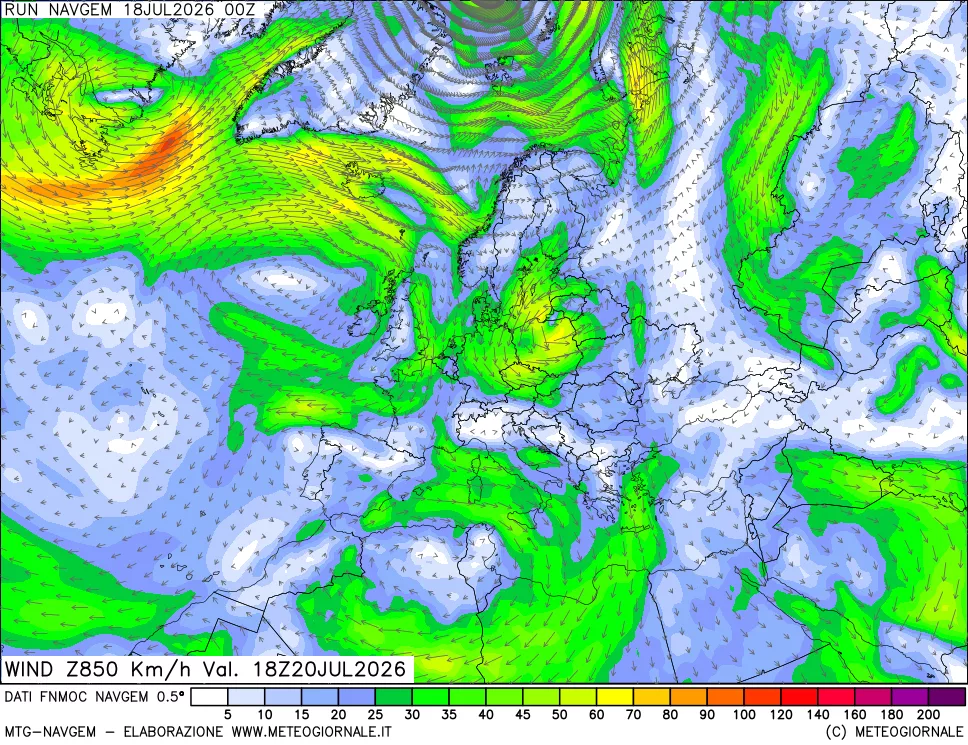 mappa Direzione e forza del vento a 850hPa