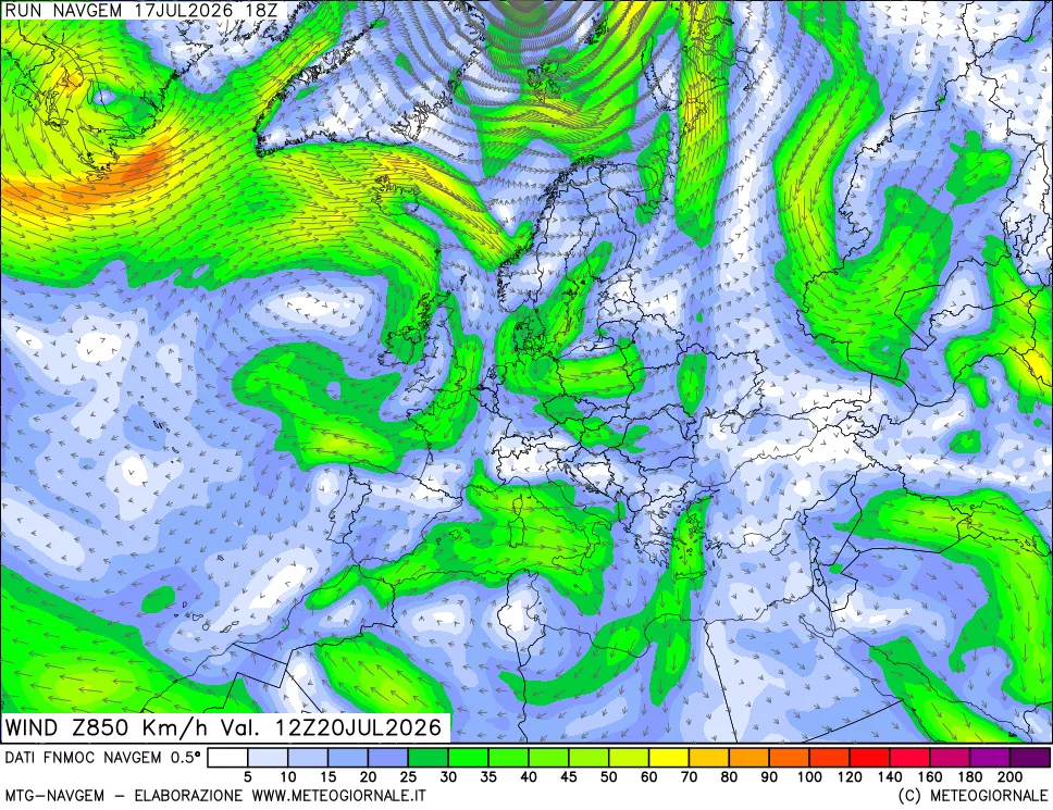 mappa Direzione e forza del vento a 850hPa
