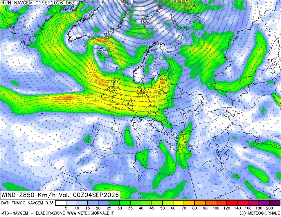 mappa Direzione e forza del vento a 850hPa