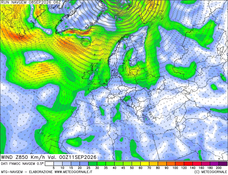 mappa Direzione e forza del vento a 850hPa