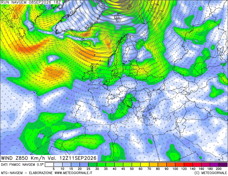 mappa Direzione e forza del vento a 850hPa