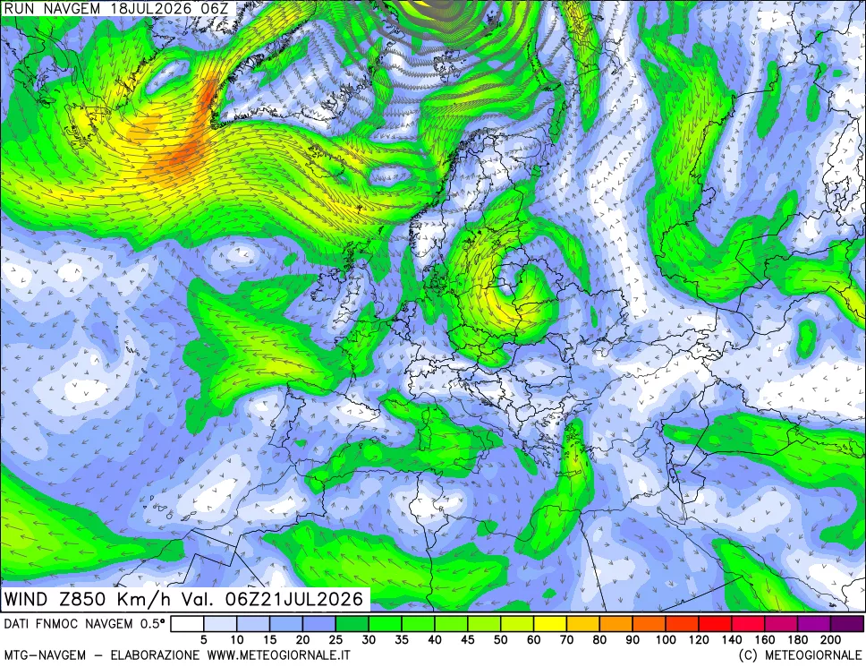 mappa Direzione e forza del vento a 850hPa