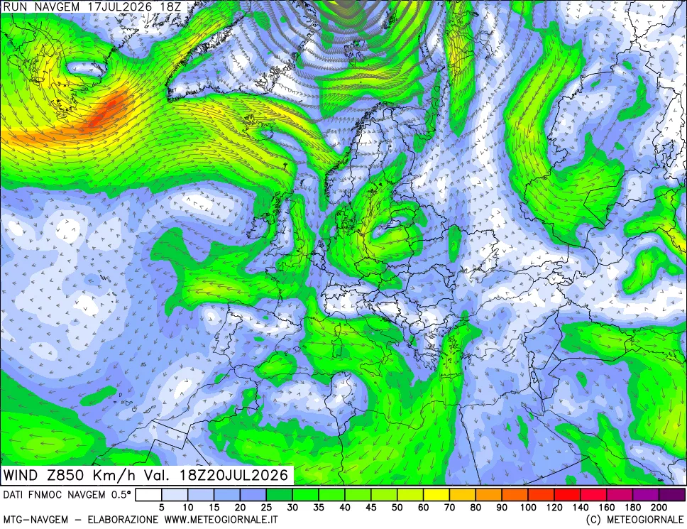 mappa Direzione e forza del vento a 850hPa