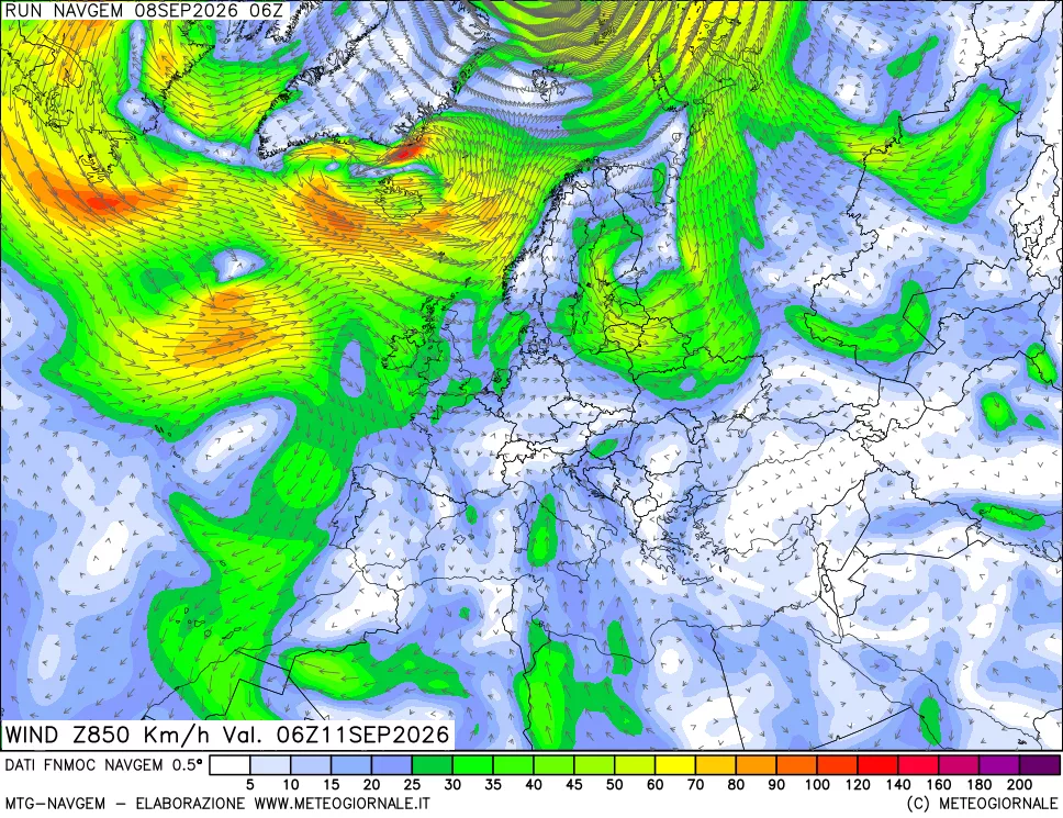 mappa Direzione e forza del vento a 850hPa