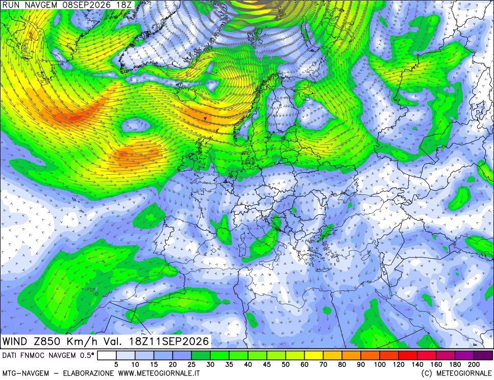 mappa Direzione e forza del vento a 850hPa