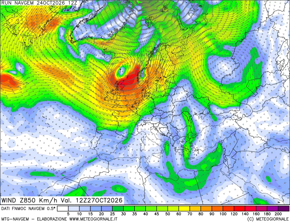mappa Direzione e forza del vento a 850hPa