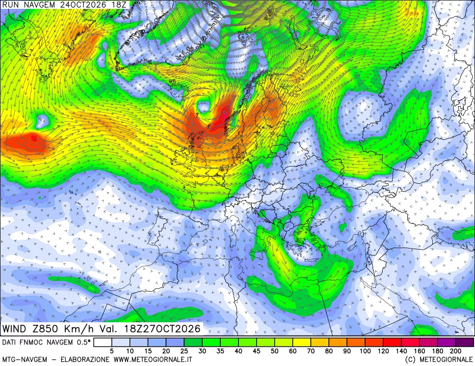 mappa Direzione e forza del vento a 850hPa