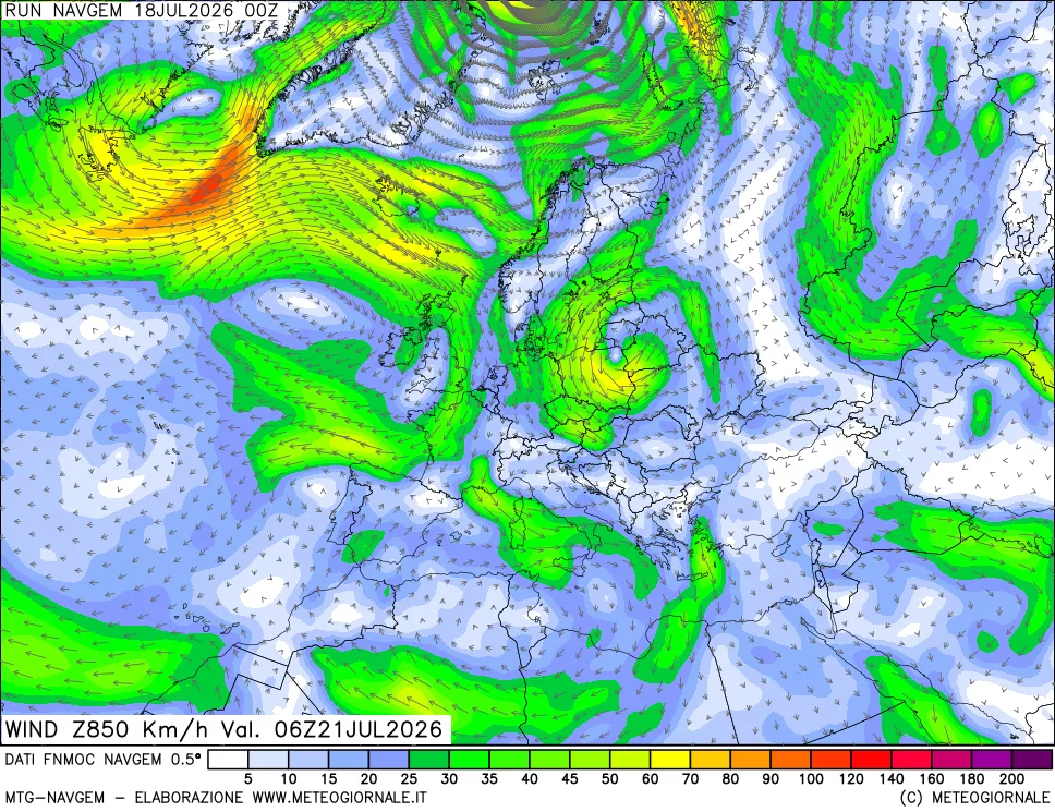 mappa Direzione e forza del vento a 850hPa