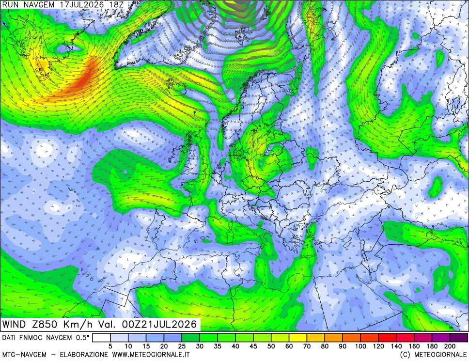 mappa Direzione e forza del vento a 850hPa