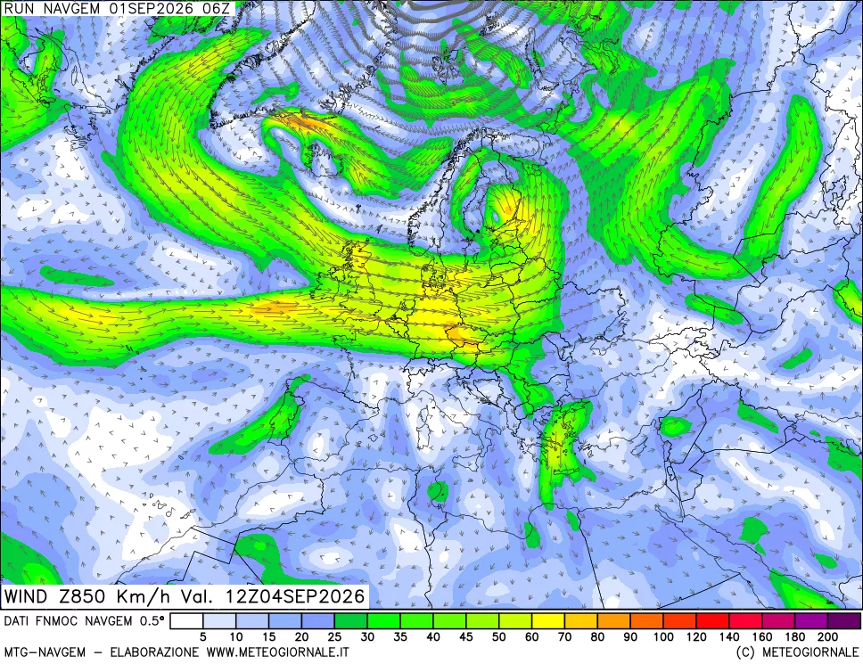 mappa Direzione e forza del vento a 850hPa