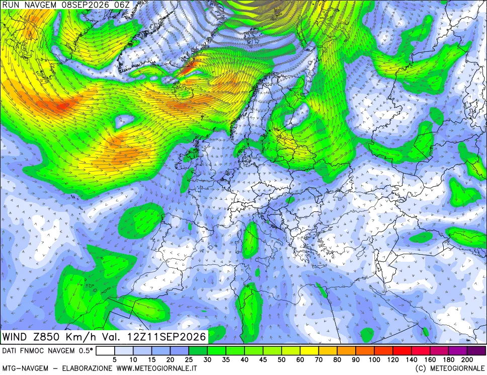 mappa Direzione e forza del vento a 850hPa