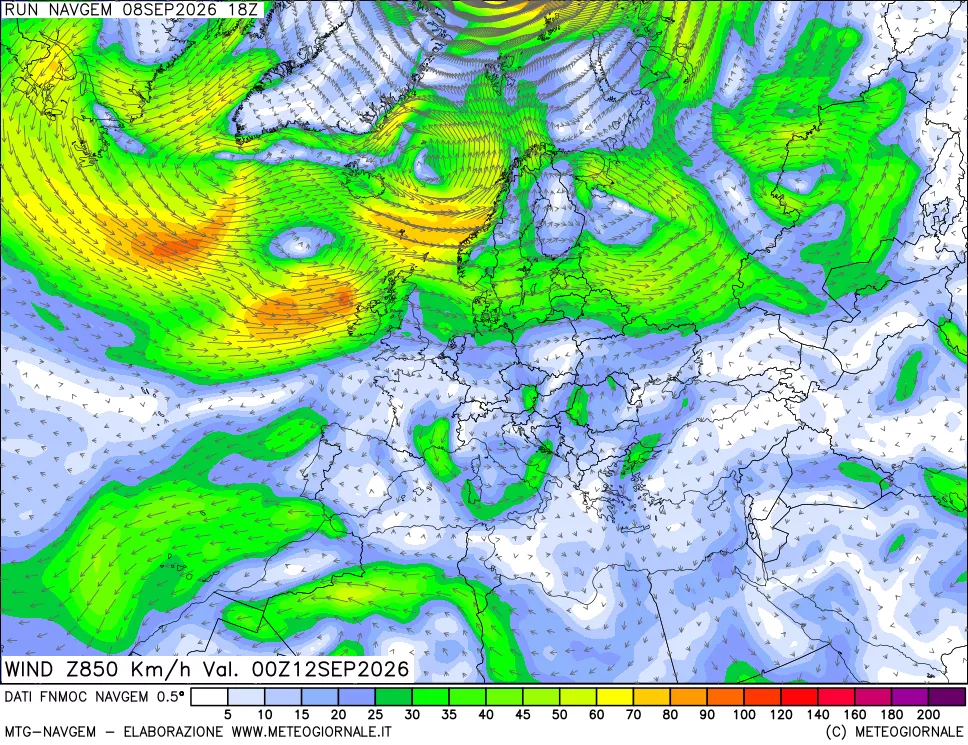 mappa Direzione e forza del vento a 850hPa