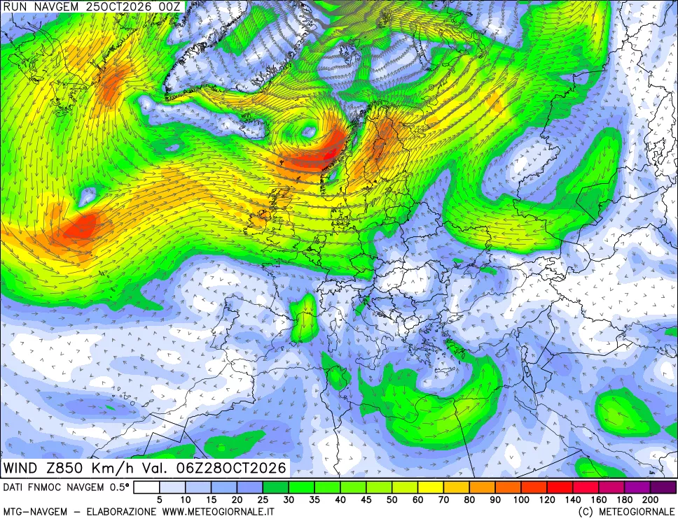 mappa Direzione e forza del vento a 850hPa