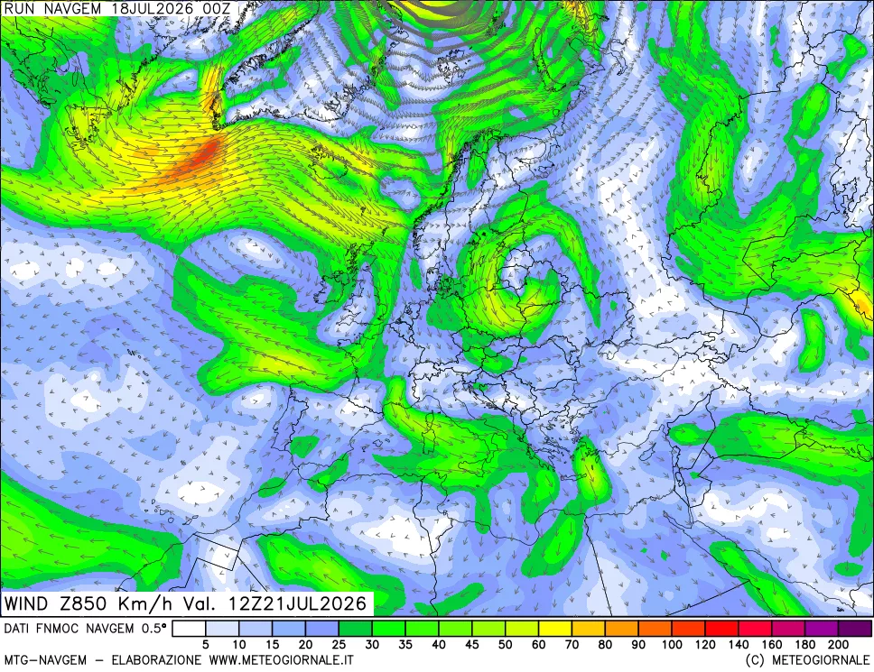 mappa Direzione e forza del vento a 850hPa