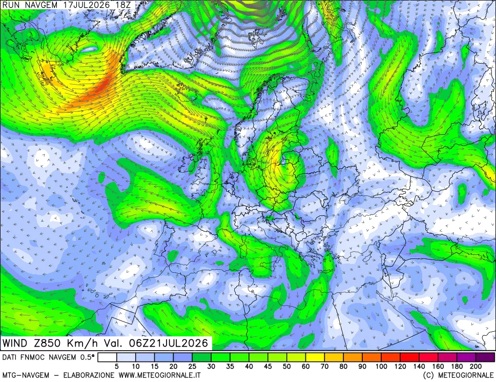 mappa Direzione e forza del vento a 850hPa